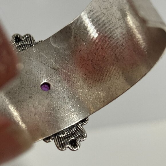 Wide Silver Cuff Bracelet Purple Stone Open Back Jewelry Intricate Metalwork - Picture 5 of 10